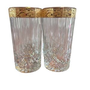 Set 6‎ Vintage Crystal Highball Glasses Gold Filigree Rim Mid Century Barware